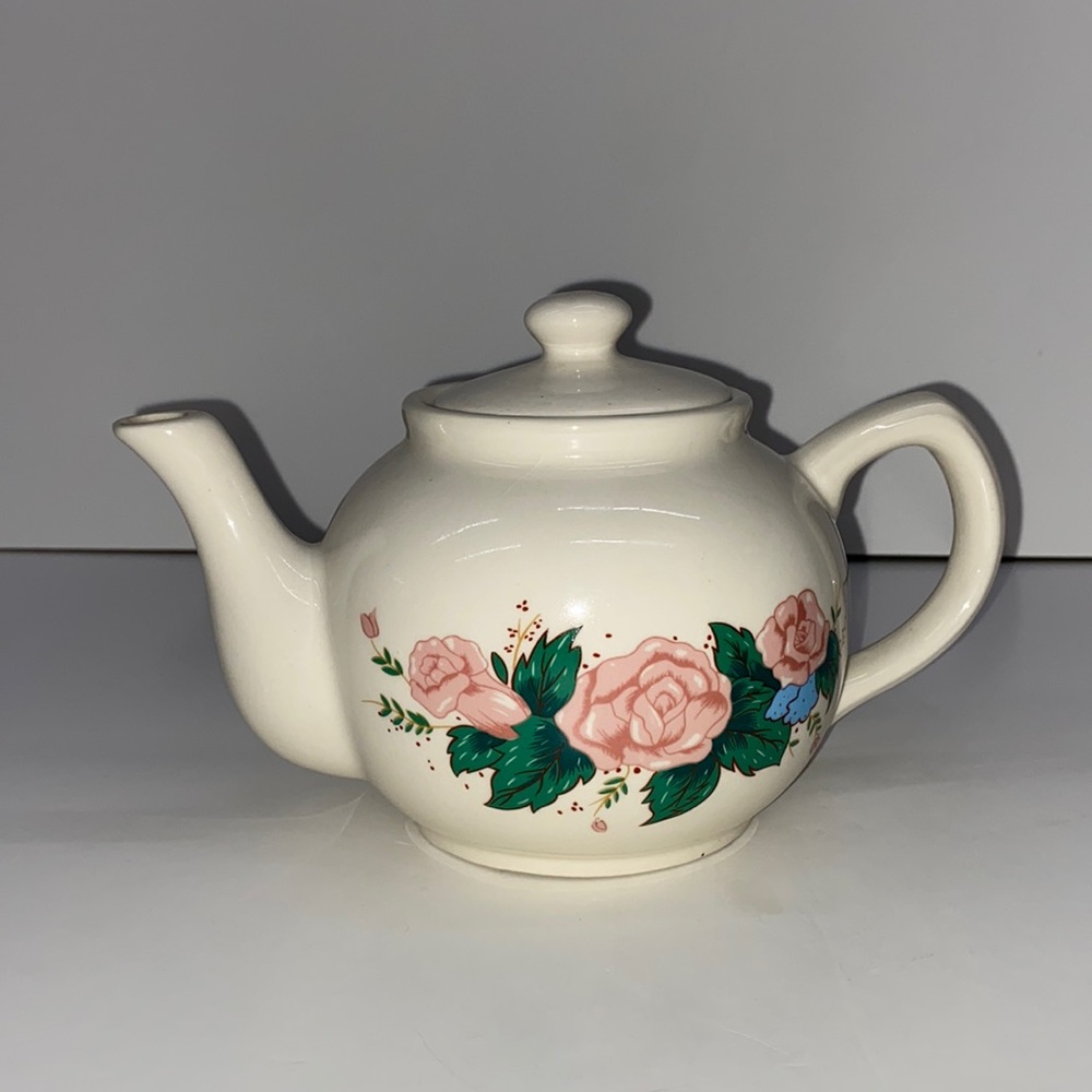 Interpur Accents Teapot Pink Roses Amid Green Leaves Blue Flowers